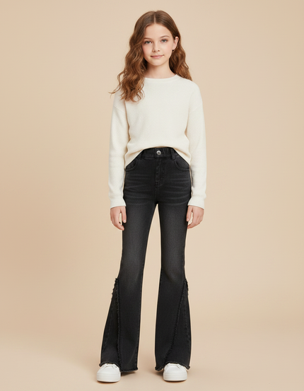 Pantalon Patte D'Éléphant Noir Délavé Franges Fille - Jean