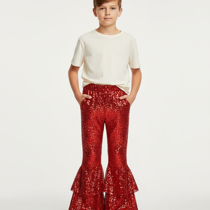 Pantalon Patte D'Éléphant Rouge Paillettes Évasé Enfant Disco - Polyester