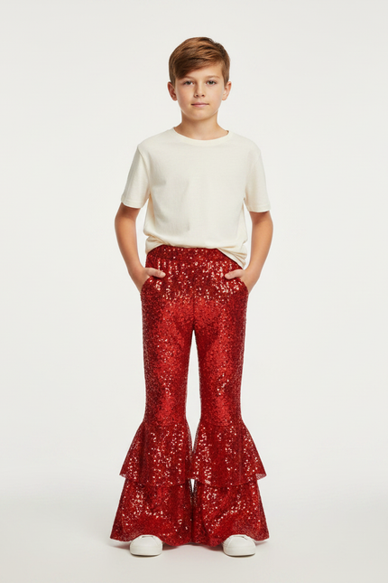 Pantalon Patte D'Éléphant Rouge Paillettes Évasé Enfant Disco - Polyester