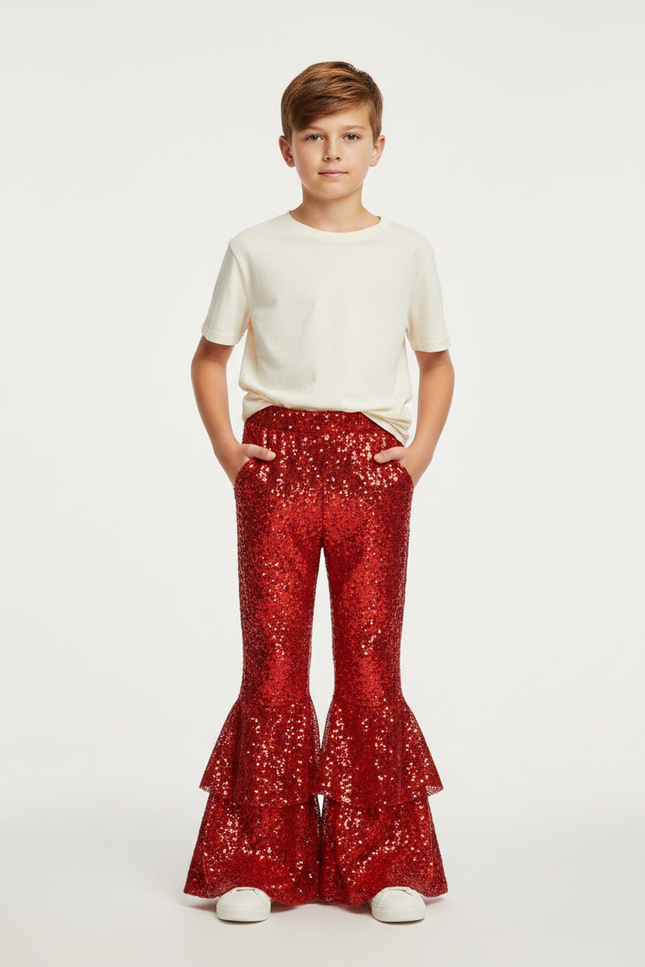 Pantalon Patte D'Éléphant Rouge Paillettes Évasé Enfant Disco - Polyester