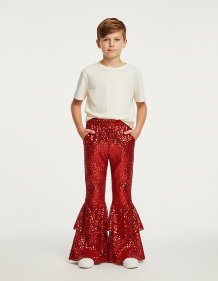 Pantalon Patte D'Éléphant Rouge Paillettes Évasé Enfant Disco - Polyester