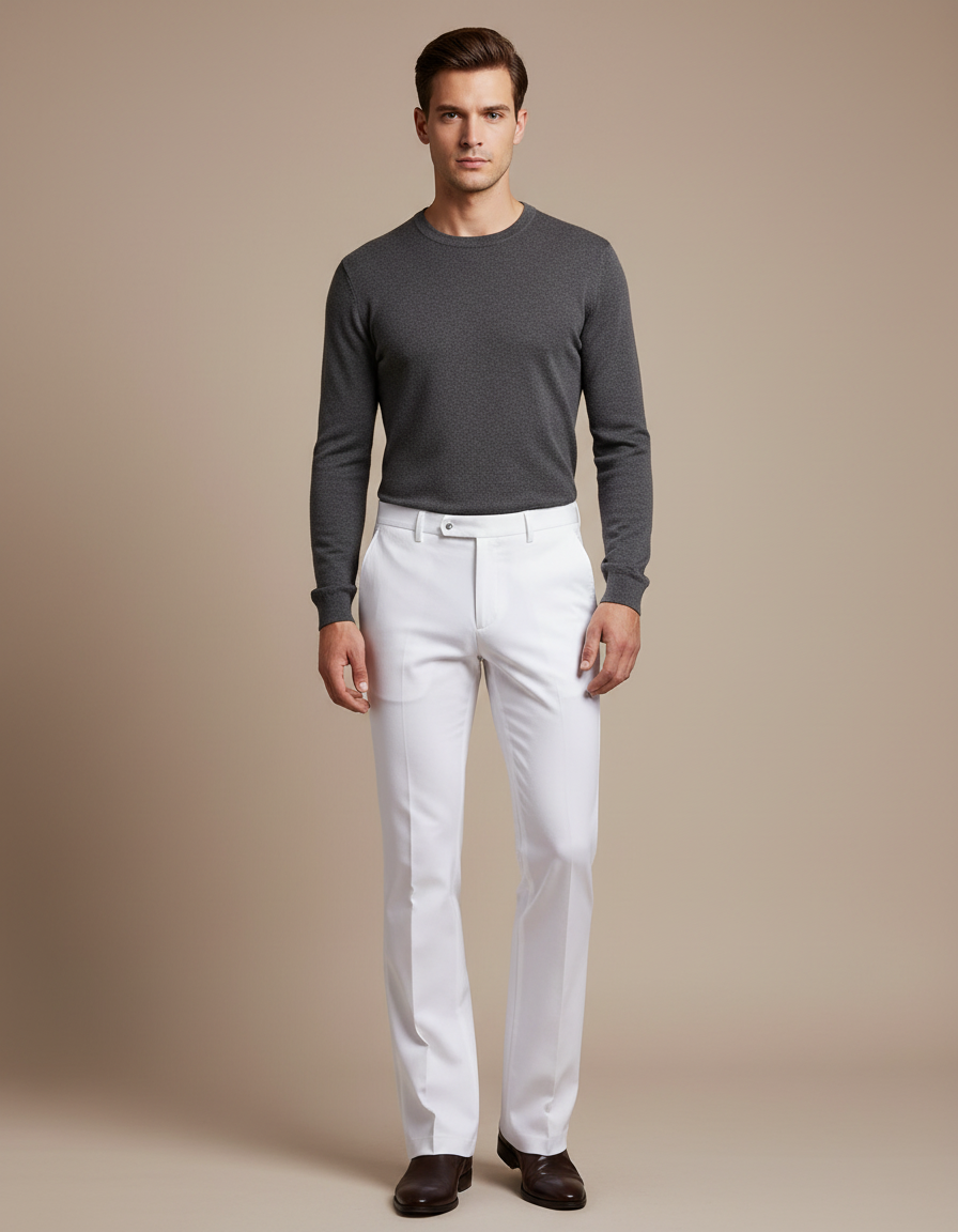 Pantalon Patte D'Éléphant Blanc Homme Élégant Ajusté Classique - Gabardine