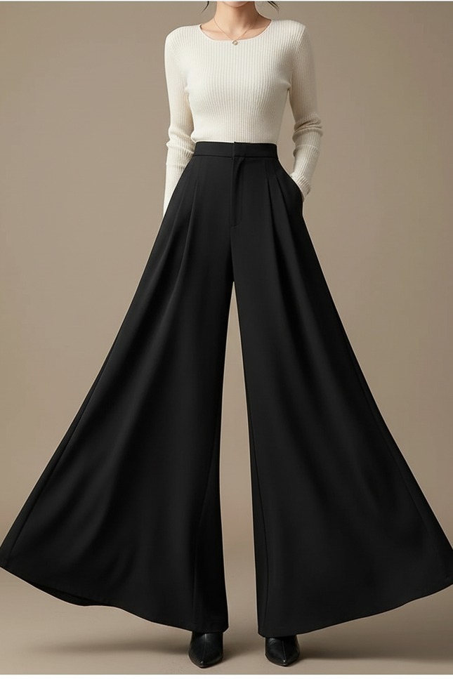 Pantalon Patte D'Éléphant Noir Fluide Taille Haute Élégant - Polyester