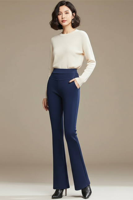 Pantalon Patte D'Éléphant Bleu Marine Taille Haute Élégant Hiver - Polyester