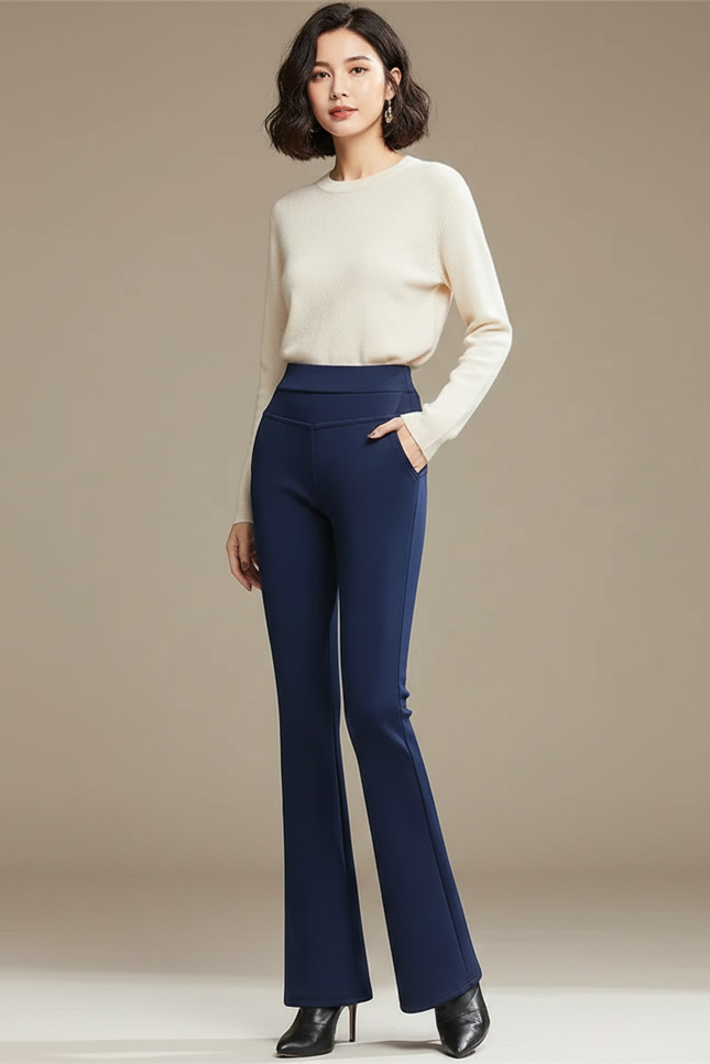 Pantalon Patte D'Éléphant Bleu Marine Taille Haute Élégant Hiver - Polyester