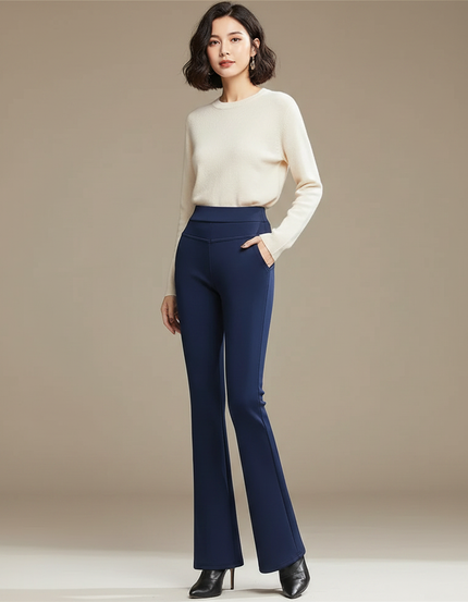 Pantalon Patte D'Éléphant Bleu Marine Taille Haute Élégant Hiver - Polyester