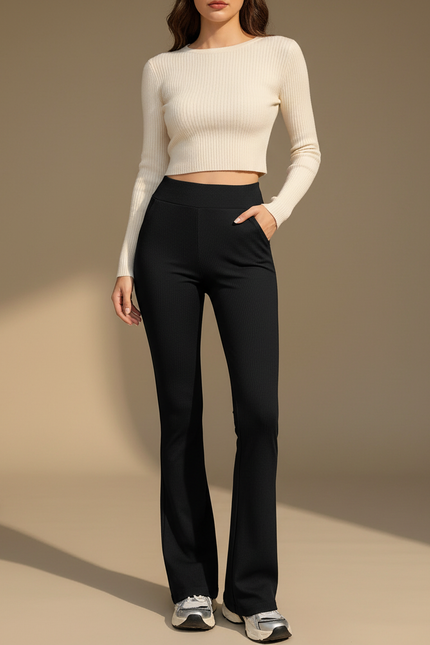 Pantalon Patte D'Éléphant Noir Côtelé Taille Haute Ajusté - Maille