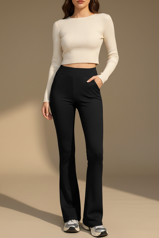 Pantalon Patte D'Éléphant Noir Côtelé Taille Haute Ajusté - Maille