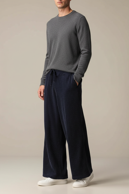 Pantalon Patte D'Éléphant Bleu Marine Côtelé Ample Décontracté - Cordé