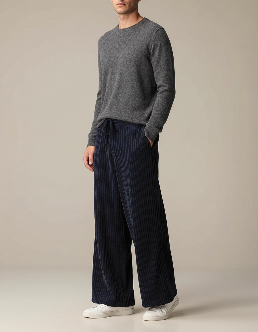 Pantalon Patte D'Éléphant Bleu Marine Côtelé Ample Décontracté - Cordé
