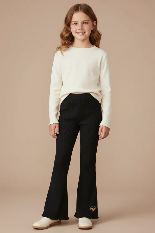 Pantalon Patte D'Éléphant Côtelé Noir Cœur Brodé Fille - Maille