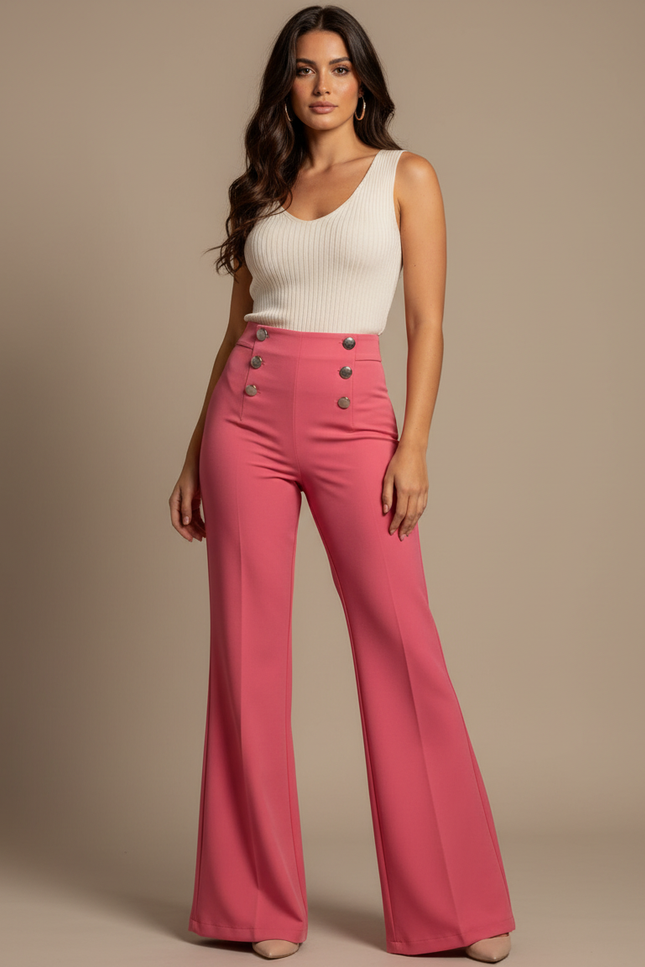 Pantalon Patte D'Éléphant Rose Taille Haute Évasé Élégant - Polyester