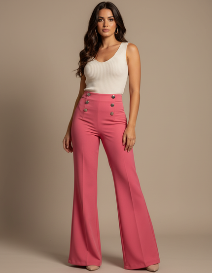 Pantalon Patte D'Éléphant Rose Taille Haute Évasé Élégant - Polyester