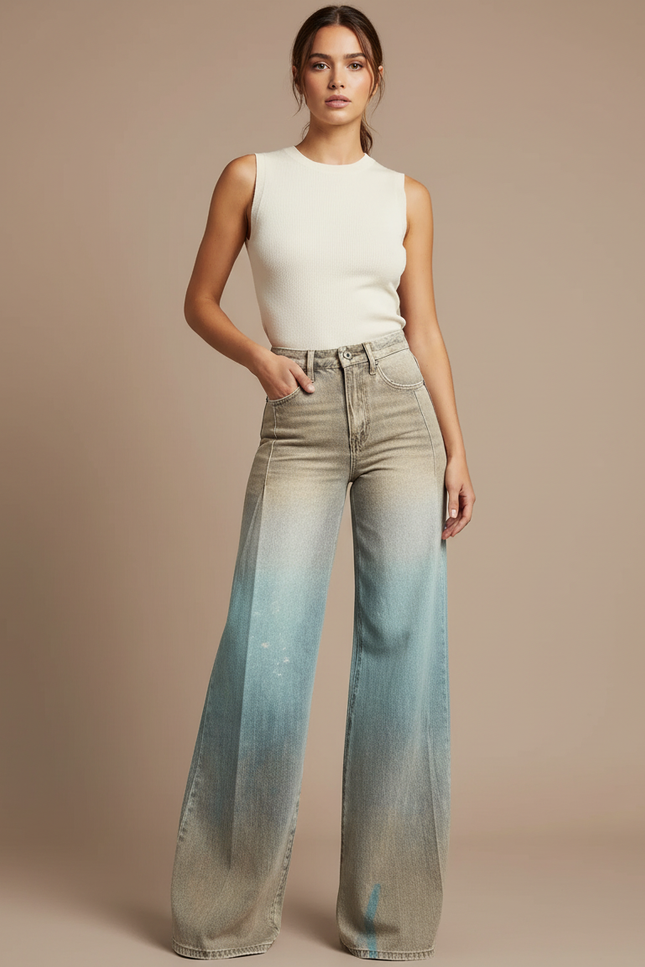Pantalon Patte D'Éléphant Dégradé Ample Denim Vintage Femme - Multicolore Jean
