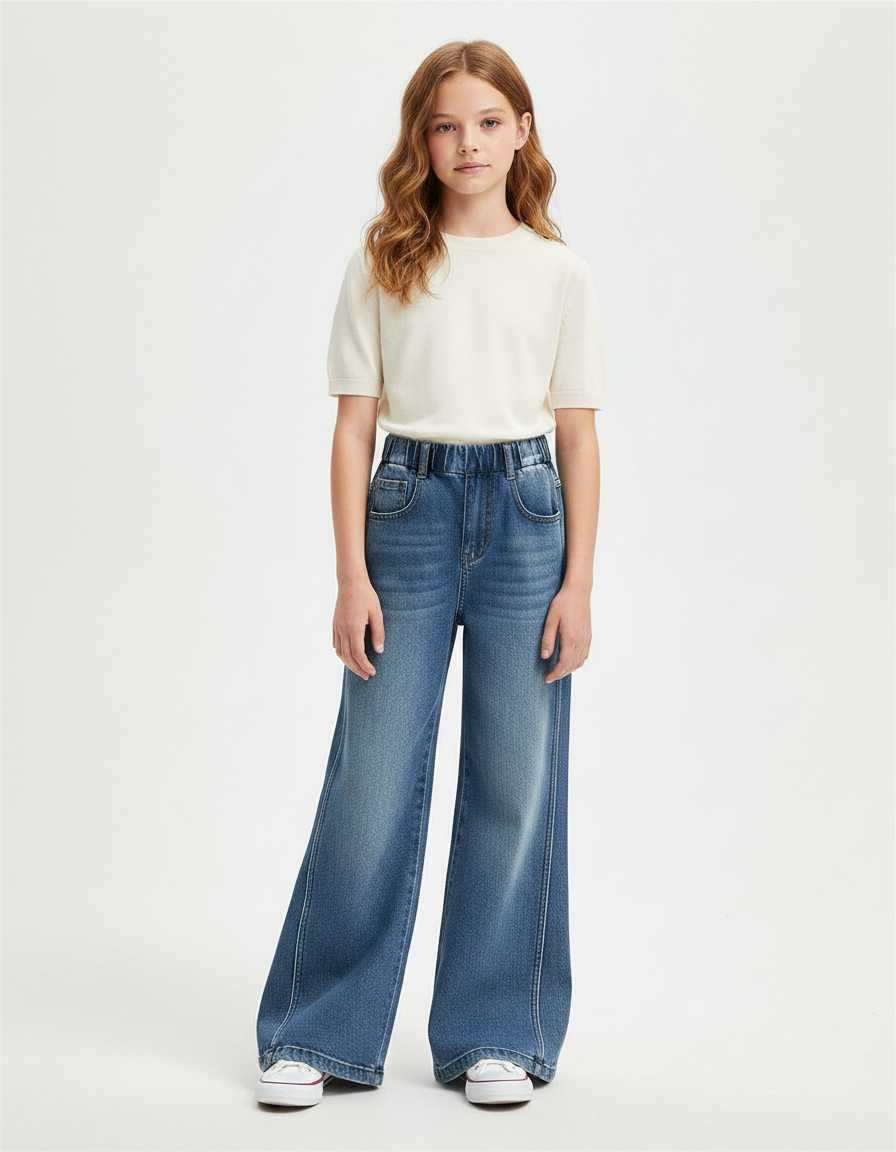 Pantalon Patte D'Éléphant Bleu Denim Ample Enfant Moderne - Jean