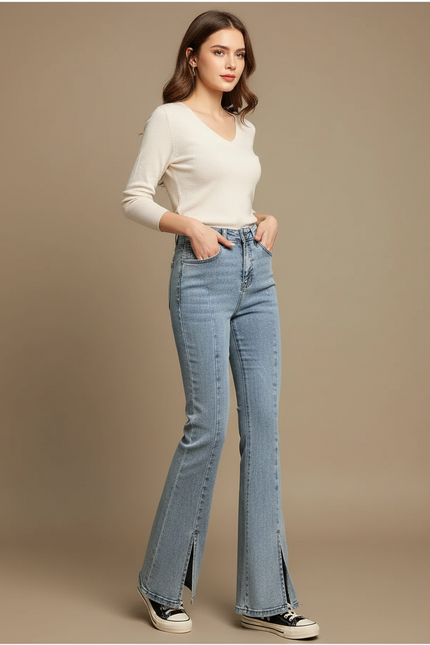 Pantalon Patte D'Éléphant Denim Fendu Taille Haute Évasé Bleu - Jean