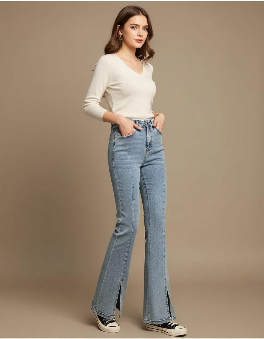 Pantalon Patte D'Éléphant Denim Fendu Taille Haute Évasé Bleu - Jean