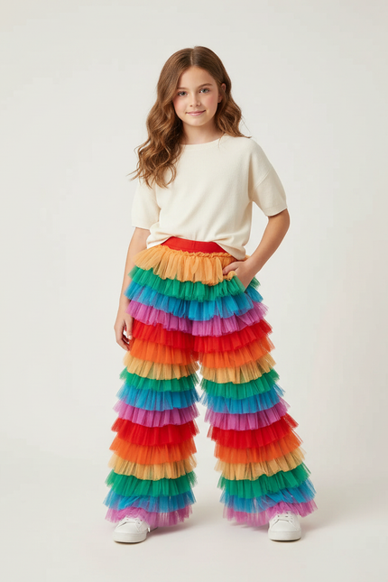 Pantalon Patte D'Éléphant Volants Tulle Arc-en-ciel Évasé Coloré - Multicolore Polyester