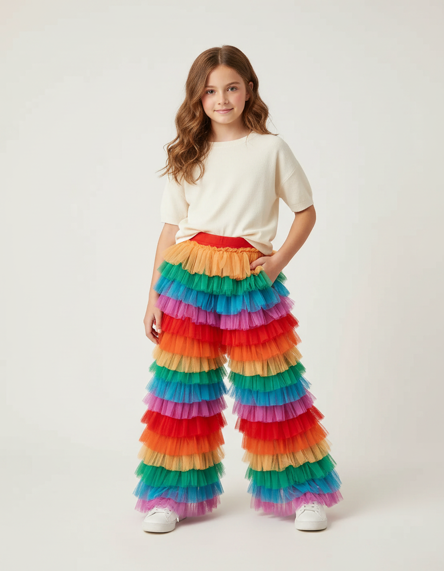 Pantalon Patte D'Éléphant Volants Tulle Arc-en-ciel Évasé Coloré - Multicolore Polyester