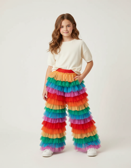 Pantalon Patte D'Éléphant Volants Tulle Arc-en-ciel Évasé Coloré - Multicolore Polyester