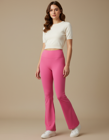 Pantalon Patte D'Éléphant Rose Vif Taille Haute Évasé Stretch - Polyester