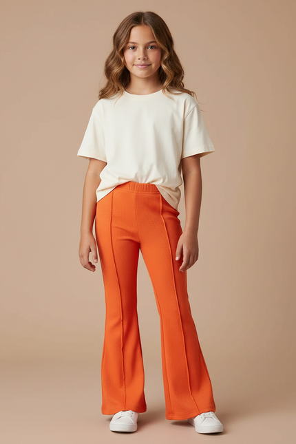 Pantalon Patte D'Éléphant Orange Côtelé Fille Confortable - Maille