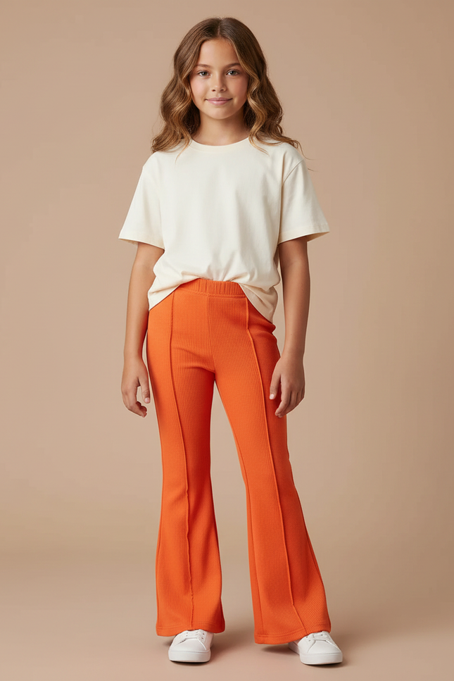 Pantalon Patte D'Éléphant Orange Côtelé Fille Confortable - Maille