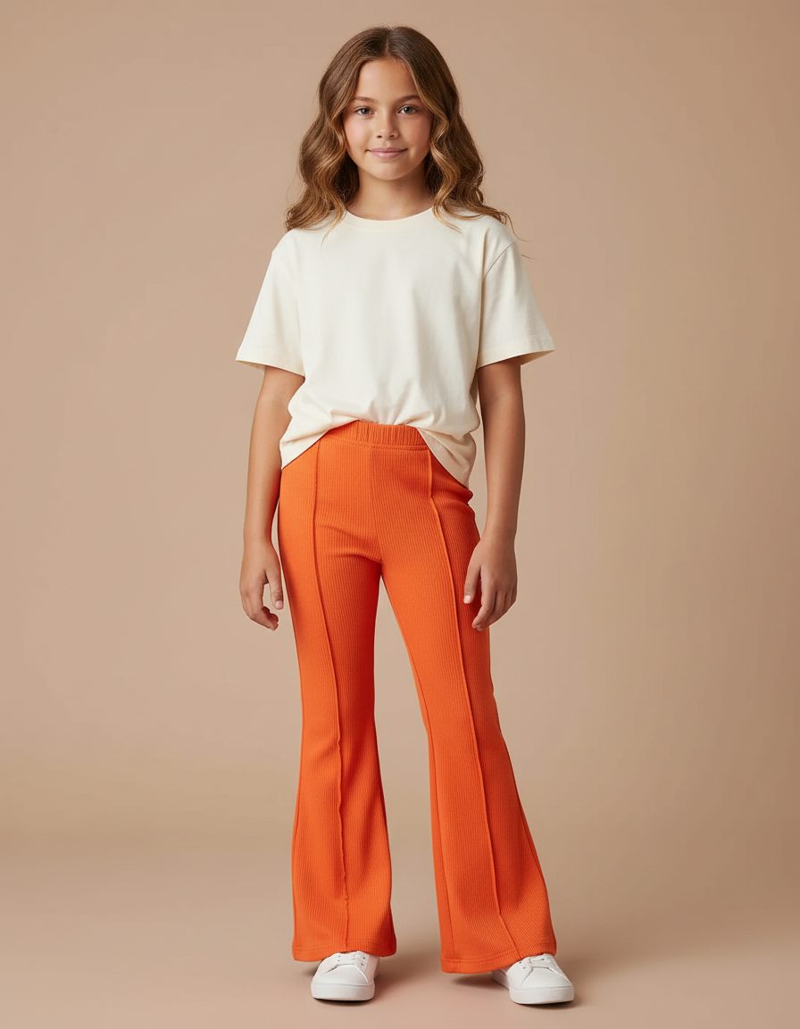 Pantalon Patte D'Éléphant Orange Côtelé Fille Confortable - Maille
