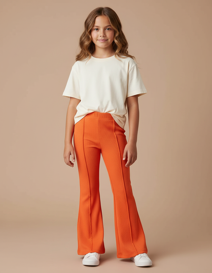 Pantalon Patte D'Éléphant Orange Côtelé Fille Confortable - Maille