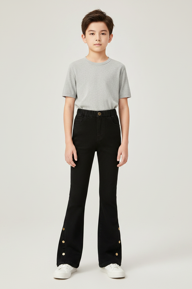 Pantalon Patte D'Éléphant Noir Denim Boutons Dorés Enfant - Jean