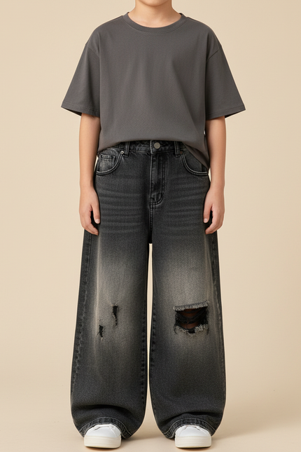 Pantalon Patte D'Éléphant Jean Noir Délavé Déchiré Large Enfant