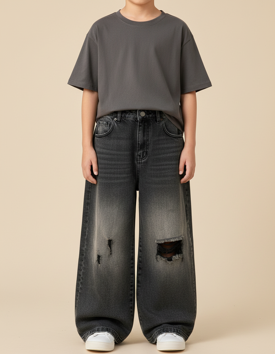 Pantalon Patte D'Éléphant Jean Noir Délavé Déchiré Large Enfant