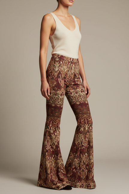 Pantalon Patte D'Éléphant Imprimé Ethnique Marron Vintage Évasé Femme - Laine