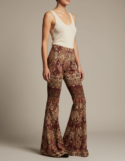 Pantalon Patte D'Éléphant Imprimé Ethnique Marron Vintage Évasé Femme - Laine