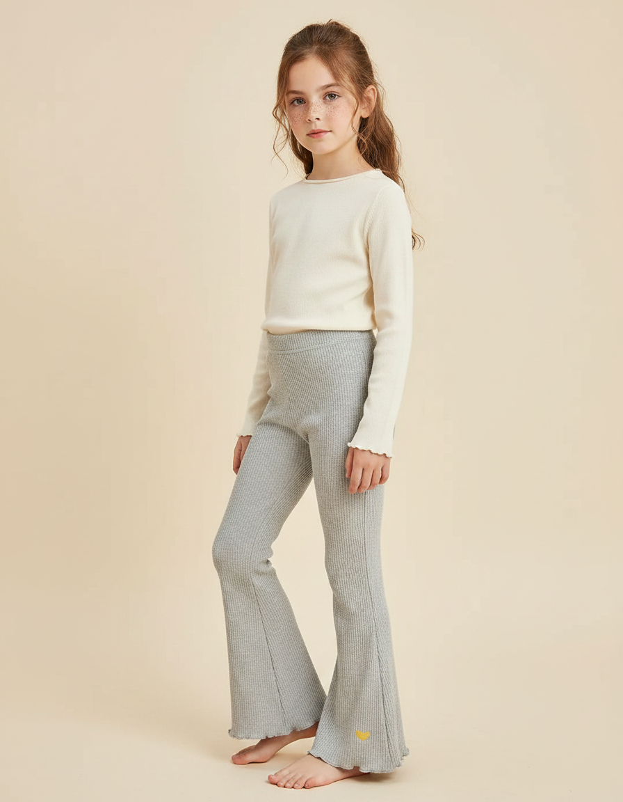 Pantalon Patte D'Éléphant Côtelé Gris Enfant Évasé Confortable - Maille