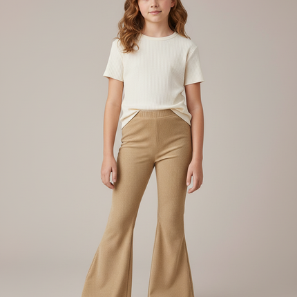 Pantalon Patte D'Éléphant Beige Côtelé Évasé Confortable Fille - Cordé