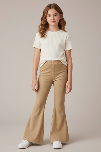 Pantalon Patte D'Éléphant Beige Côtelé Évasé Confortable Fille - Cordé