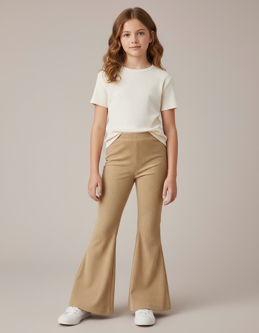 Pantalon Patte D'Éléphant Beige Côtelé Évasé Confortable Fille - Cordé