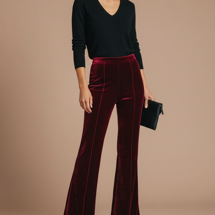 Pantalon Patte D'Éléphant Velours Rouge Bordeaux Taille Haute Évasé