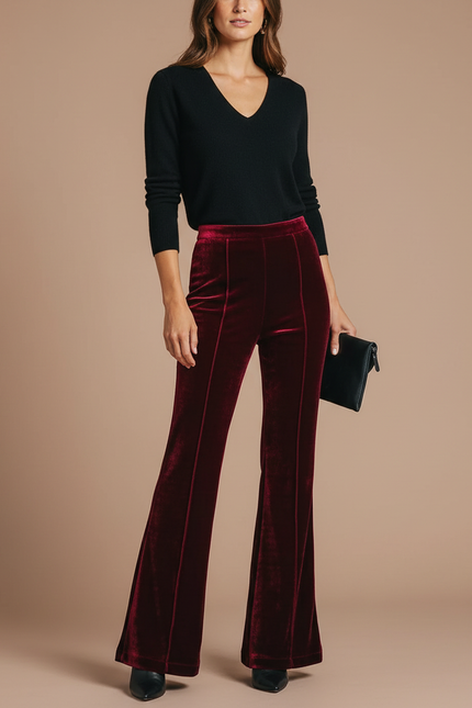 Pantalon Patte D'Éléphant Velours Rouge Bordeaux Taille Haute Évasé