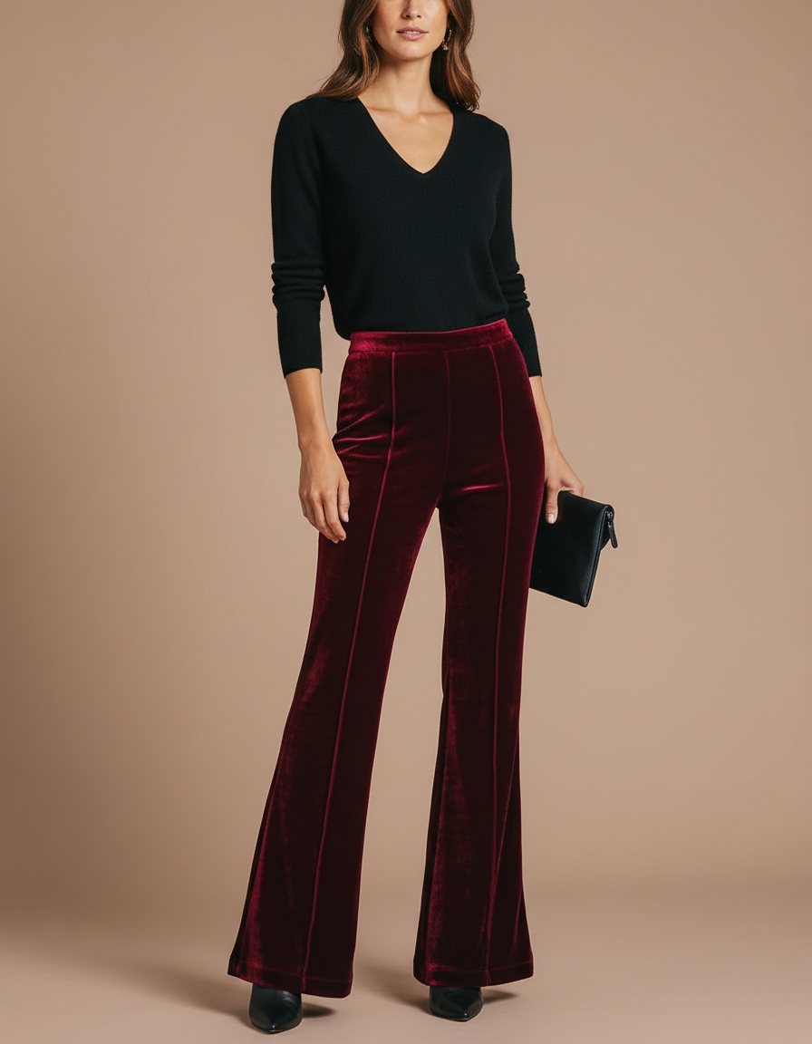 Pantalon Patte D'Éléphant Velours Rouge Bordeaux Taille Haute Évasé