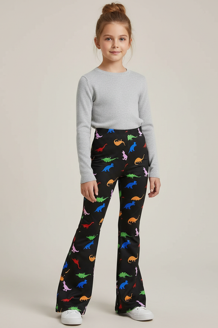 Pantalon Patte D'Éléphant Noir Imprimé Dinosaures Colorés Évasé - Polyester