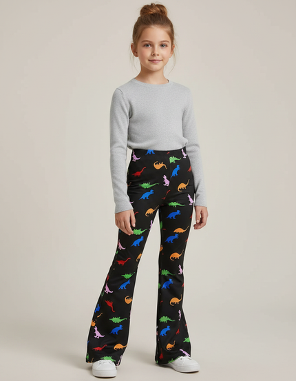 Pantalon Patte D'Éléphant Noir Imprimé Dinosaures Colorés Évasé - Polyester