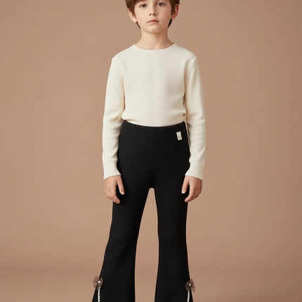 Pantalon Patte D'Éléphant Noir Côtelé Évasé Nœuds Enfant - Maille