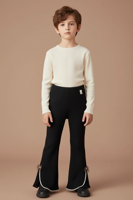 Pantalon Patte D'Éléphant Noir Côtelé Évasé Nœuds Enfant - Maille