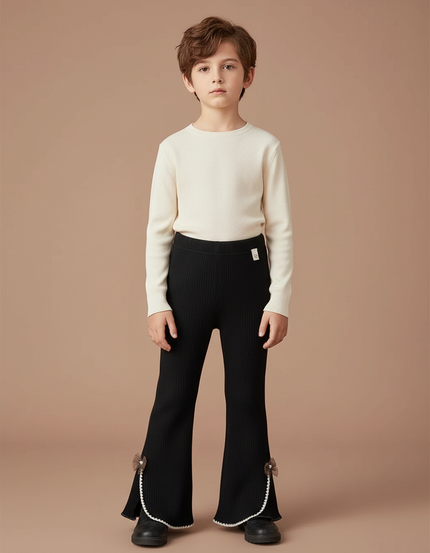 Pantalon Patte D'Éléphant Noir Côtelé Évasé Nœuds Enfant - Maille