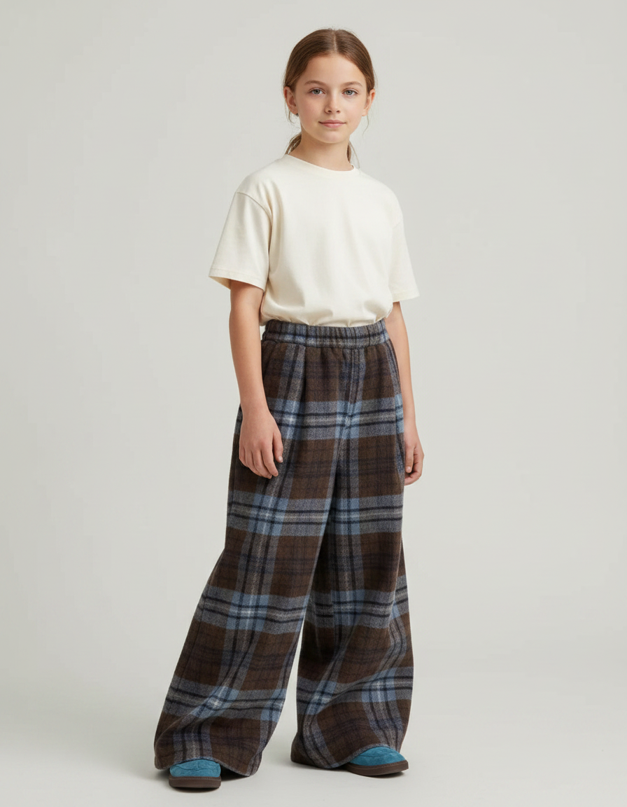 Pantalon Patte D'Éléphant Écossais Ample Chaud Marron Bleu - Multicolore Tweed