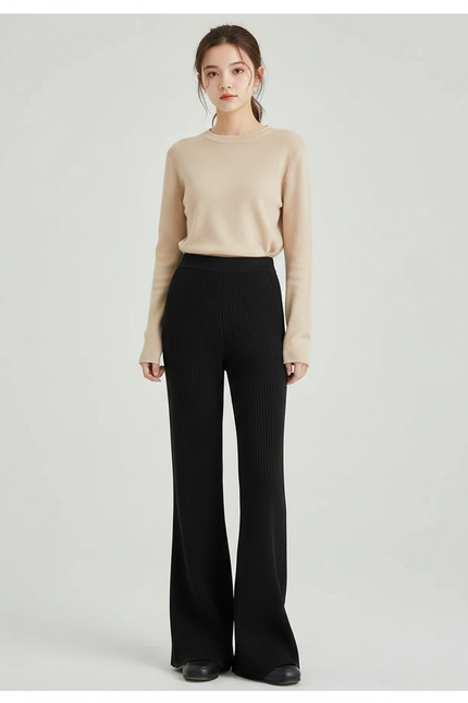 Pantalon Patte D'Éléphant Noir Tricoté Côtelé Fluide Décontracté - Maille