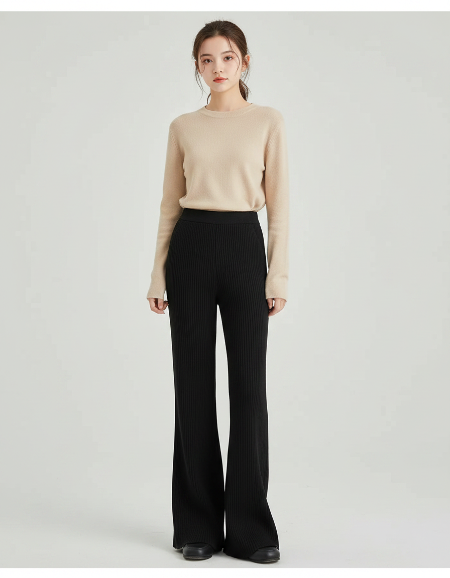 Pantalon Patte D'Éléphant Noir Tricoté Côtelé Fluide Décontracté - Maille