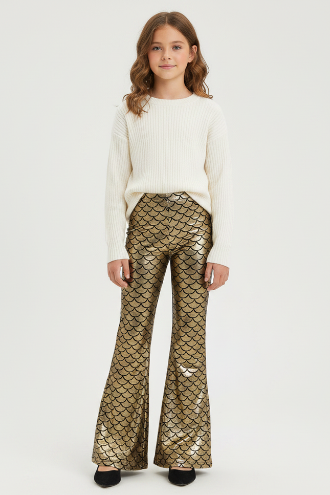 Pantalon Patte D'Éléphant Doré Écailles Brillant Évasé Fille - Polyester